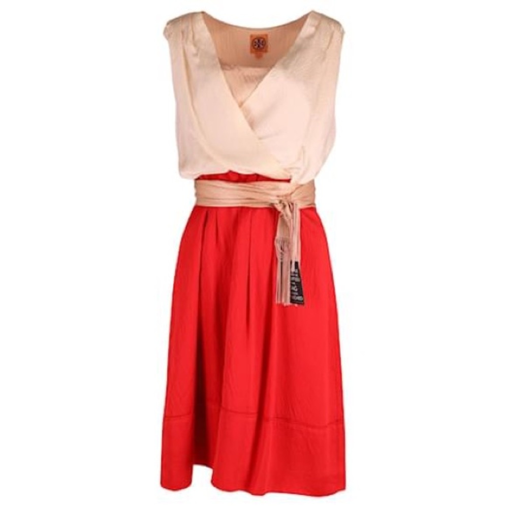 Tory Burch Sleeveless Cinched Midi Dress in Red and Cream Silk